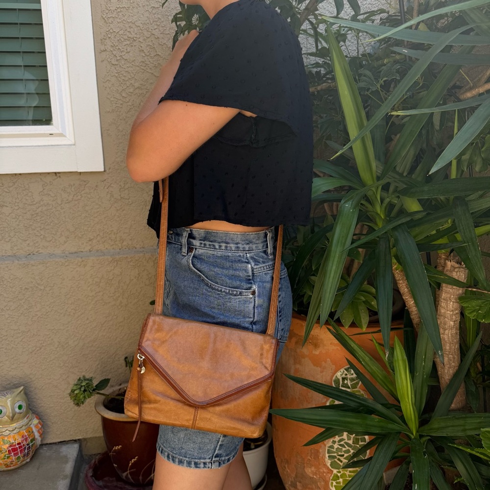 Caramel HOBO Crossbody Leather Bag with Fold-Over Flap and Adjustable Strap